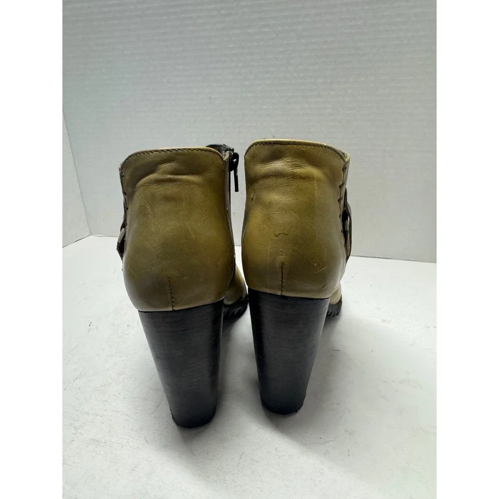 Dkode Olive Green Leather Buckle Ankle Boots Brogue Detail Block Heel EU 38 7.5